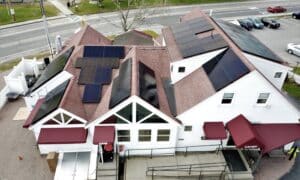 solar panels on the roof of the Hot Chocolate Sparrow in Orleans, Cape Cod, Massachusetts